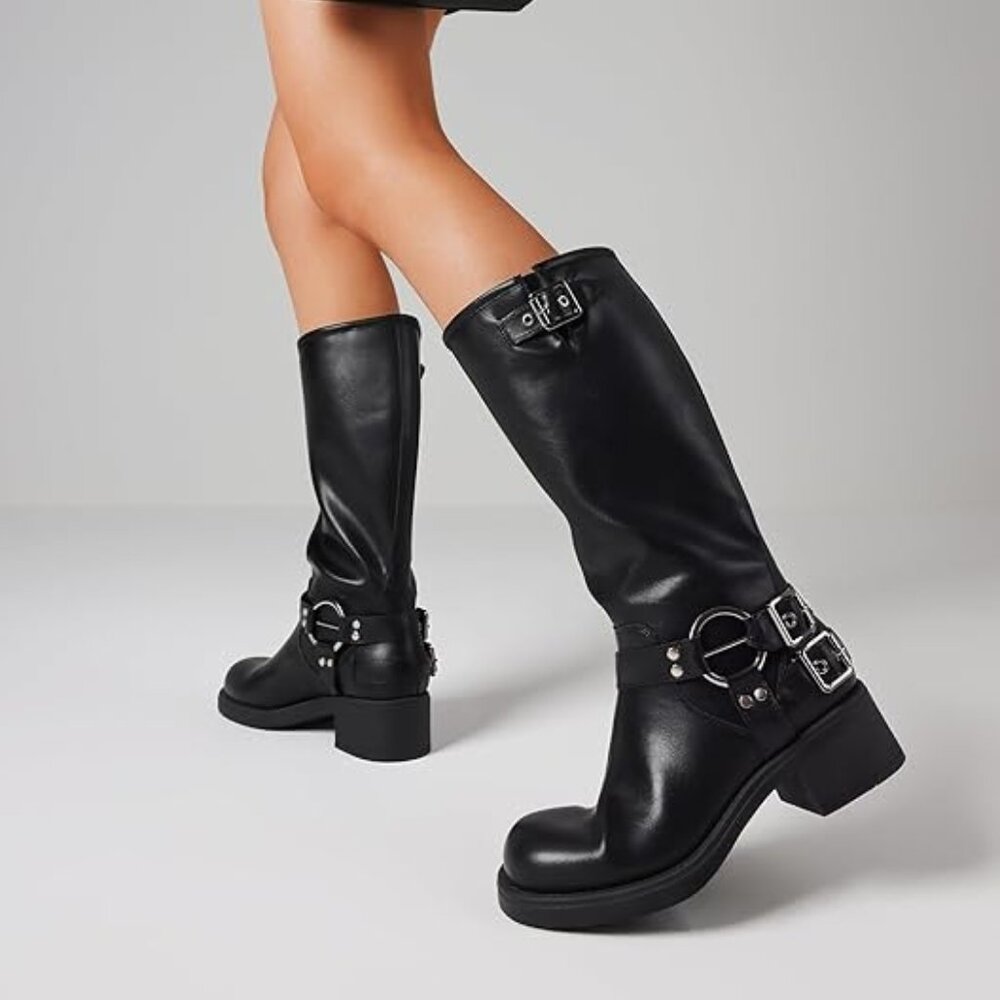 NEW!  Knee High Boots Women Square Toe Pull On Wide Calf Riding Fashion Buckles